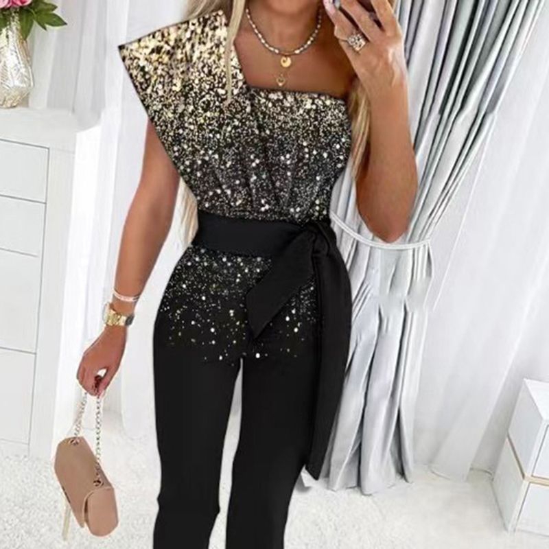 Nuevo producto, mono ajustado con cinturón decorado sin mangas de color sólido, pantalones de mujer con lentejuelas_voghion.com