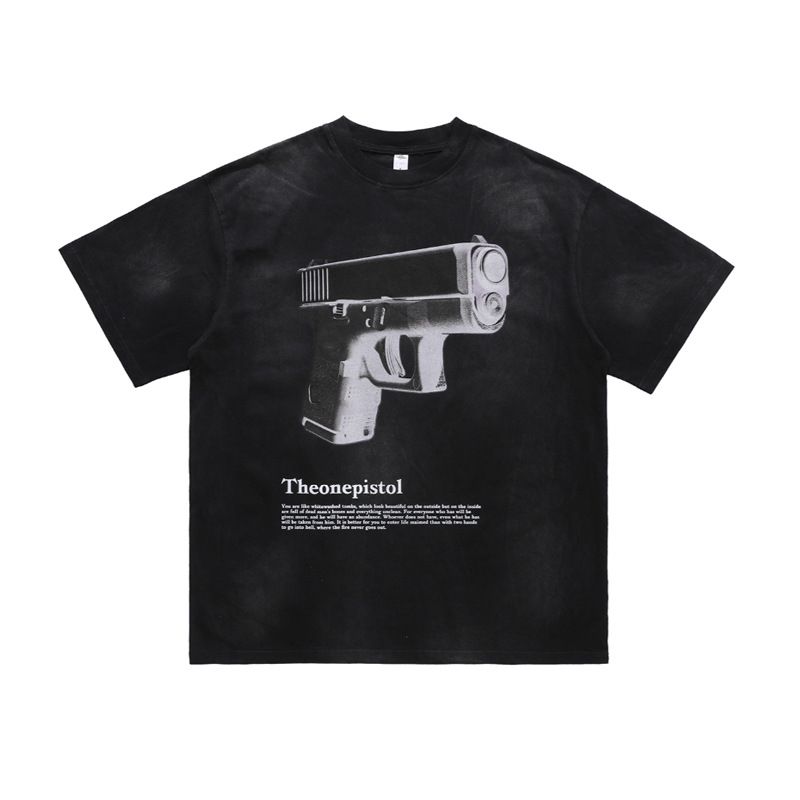 Men's Clothing Spring And Summer National Fashion Brand Retro Spray Paint Pistol Print Drop Shoulder Loose Couple Short Sleeve Distressed T Shirt_voghion.com