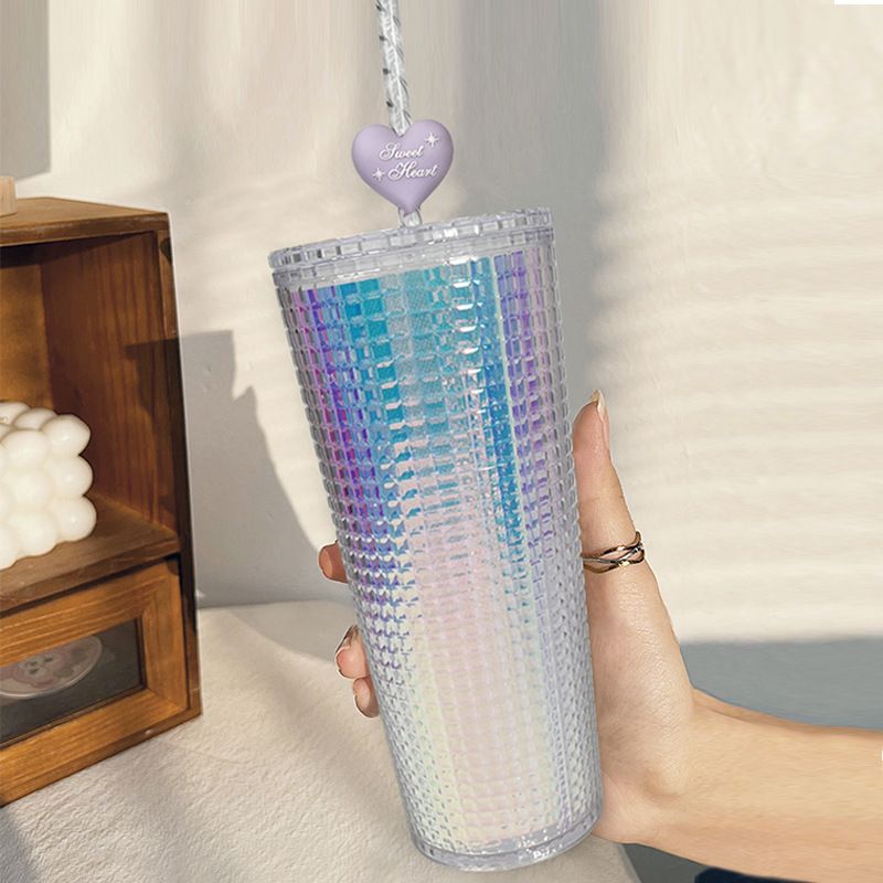 Tasse d'eau d'amour rouge réseau, tasse en diamant dégradé, Double couche de paille Laser, haute apparence et grande capacité en plastique, nouveau réseau 2023_voghion.com