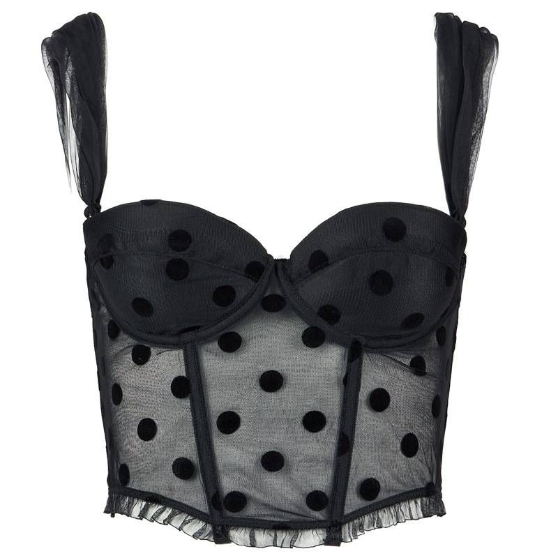KOOSSOASIS Flocked Dots Non-elastic Mesh Sponge Pad Fishbone Bra Bone Dress Mesh Shoulder Straps Detachable Hot Girl Outfit_voghion.com