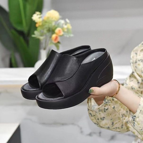 Women's Platform Flatform Sandals For Outdoor Wear, 2025 Summer New Style, High-Heel Fashion, Height-Increasing Wedge Soft Leather Shoes_voghion.com
