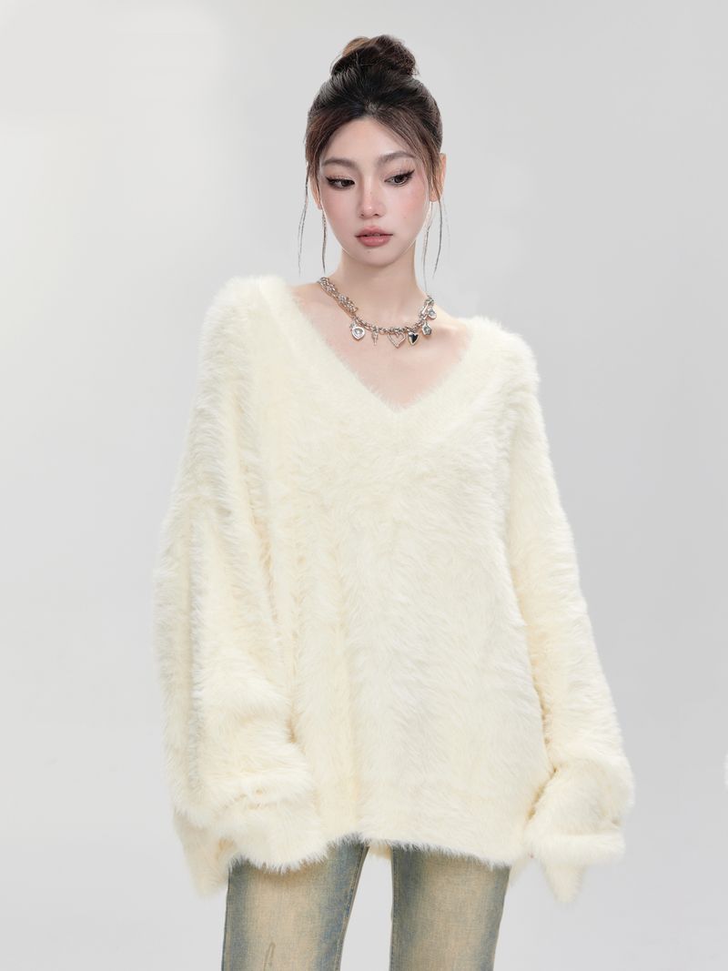 Milchig weißer Nerzsamt V-Ausschnitt Pullover für Frauen, Frühling Herbst Innenbekleidung, weiche und gemütliche Lazy Mohair Strickmode_voghion.com