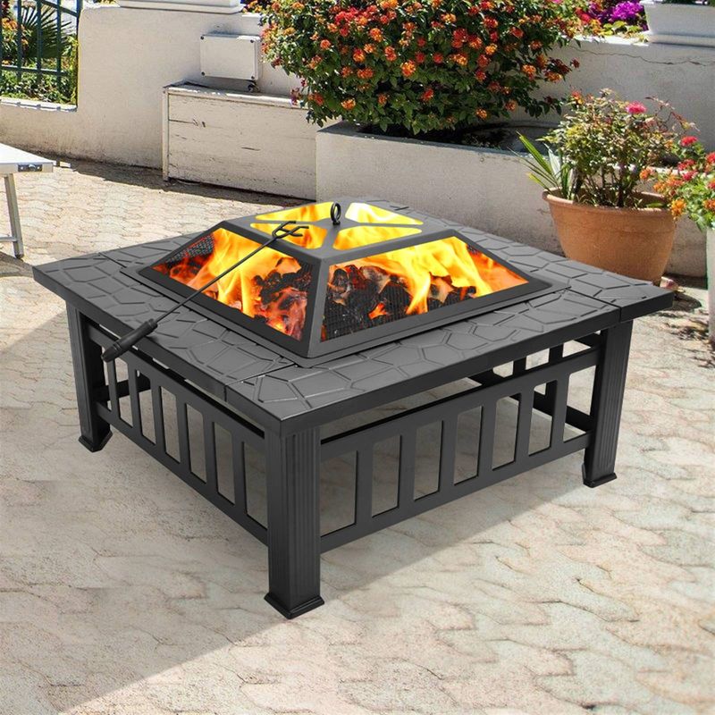Portable 32 inch outdoor square fire pit brazier Courtyard garden stove Metal Fire Pit with Accessories Black_voghion.com