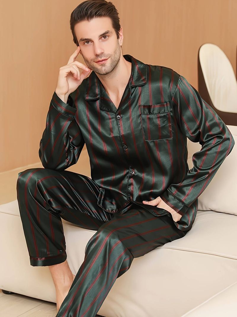 2pcs Mens Pajamas SetsMen'S Striped Pajama Set, Long Sleeve And Pants, Casual Lapel Collar, Woven Fabric, Suitable For Spring/Fall_voghion.com
