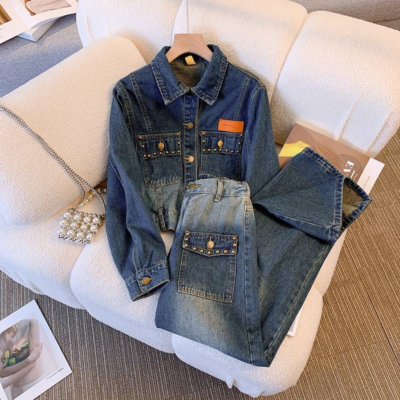 Women's Clothing Denim Jacket & Wide-Leg Pants Set - Stylish Two-Piece Outfit For Spring/Autumn, Flared Trousers With Short Jacket_voghion.com