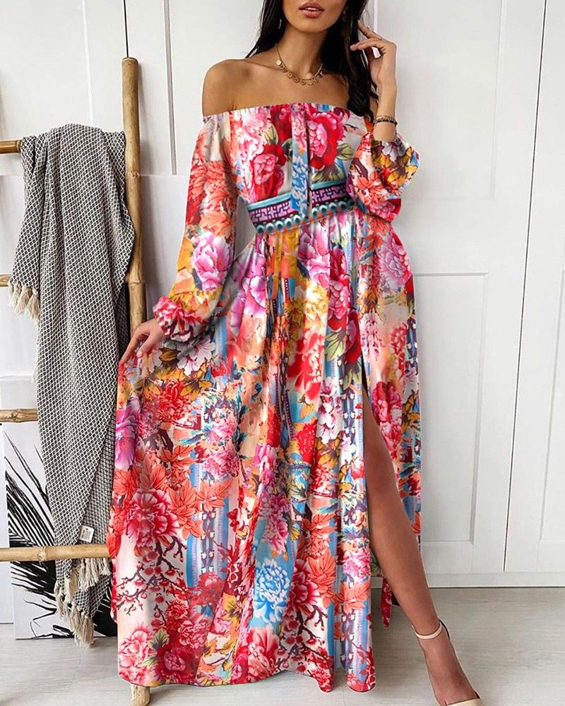 Dress Printed V-neck Retro Long Sleeve Swing Slit Long Dress_voghion.com