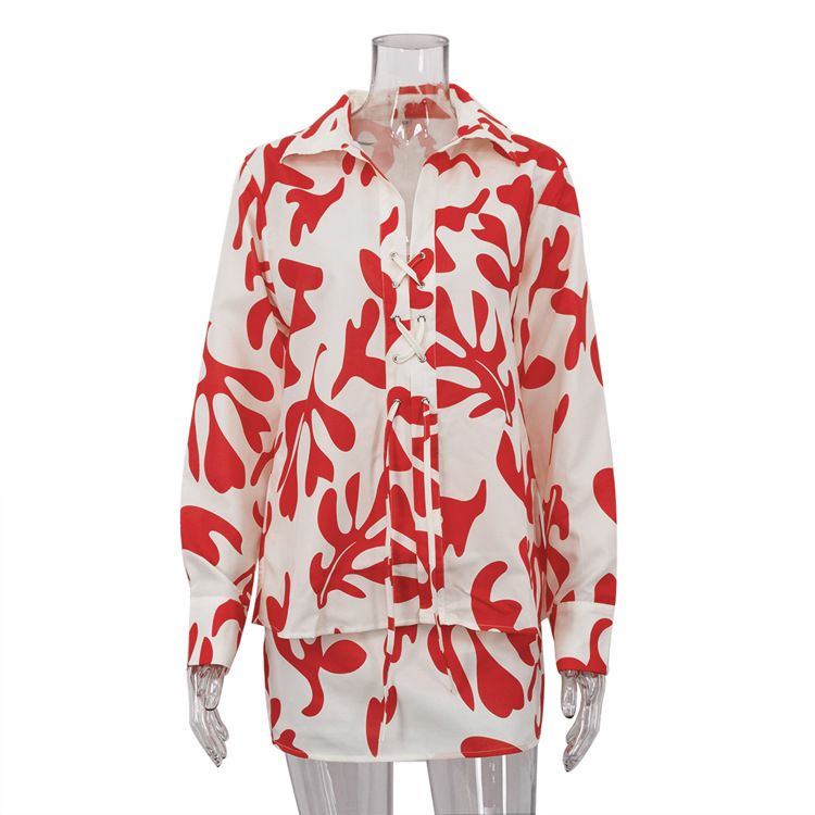 Női ruházat nyári mintás rövid szoknya hajtókával bő női ing lezser kosztüm_voghion.com