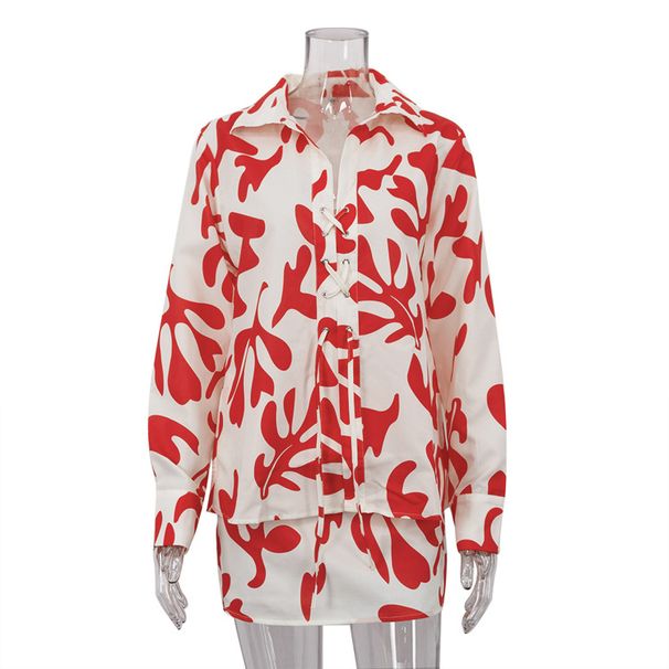 Női ruházat nyári mintás rövid szoknya hajtókával bő női ing lezser kosztüm_voghion.com