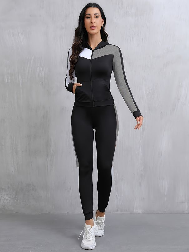 Women'S 2pcs Color Block Athletic Set - High Stretch Fabric, Hooded & Leggings, Black/White/Teal Patchwork, All-Season_voghion.com