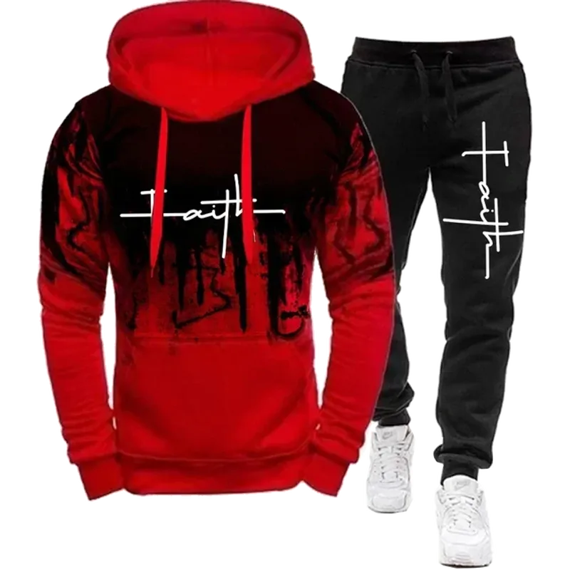 Fashion trend originality Faith Print Autumn Winter Casual Tracksuit Men Sweatshirts and Sweatpants 2 Pieces Sets_voghion.com
