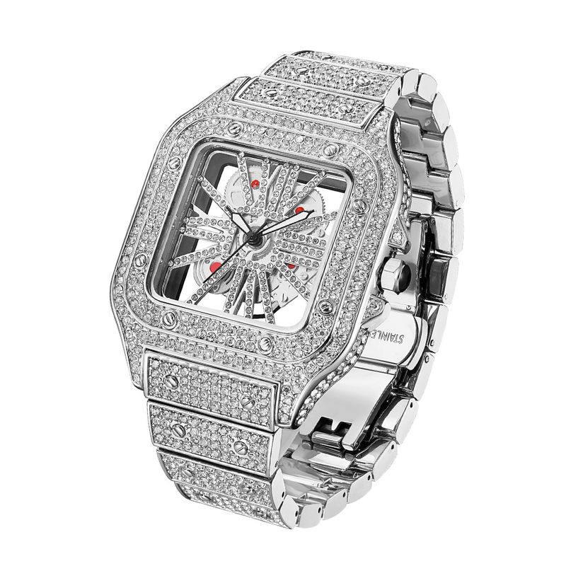 Men's Stylish Square Skeleton Watch With Diamond Accents, Hip-Hop Inspired Design, Waterproof Quartz Movement, Gold/Silver Stainless Steel Case_voghion.com
