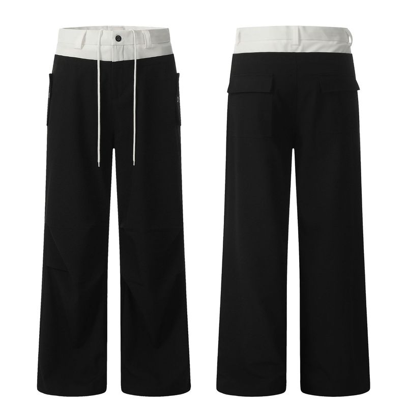 Pantalones casuales de cintura doble con costuras para hombre, modernos pantalones de calle de dos piezas con pierna ancha y pliegues hasta la rodilla._voghion.com