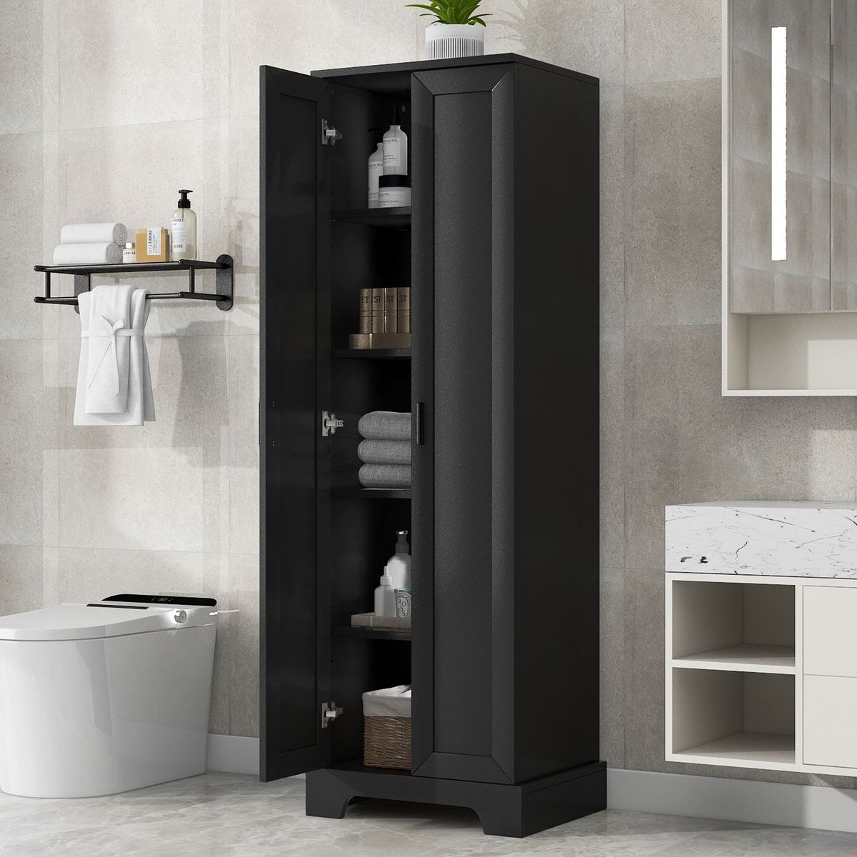 Storage Cabinet With Two Doors For Bathroom, Office, Adjustable Shelf, MDF Board_voghion.com
