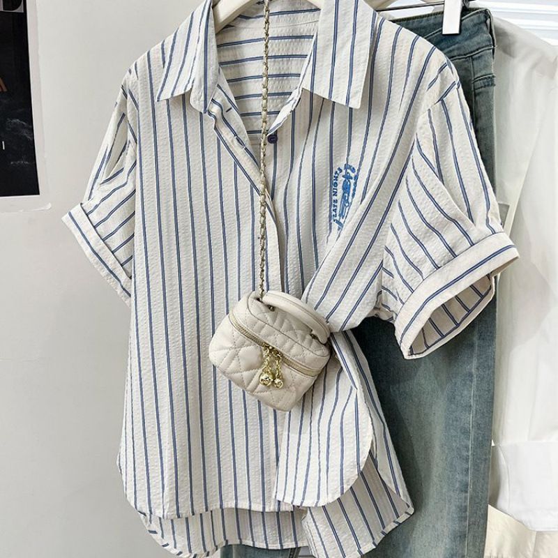 Shanlida Di Sommer-Poloshirt in Übergröße, gestreift, bestickt, normale Schulterpartie, kurze Ärmel, einzigartiges Design, lässig_voghion.com