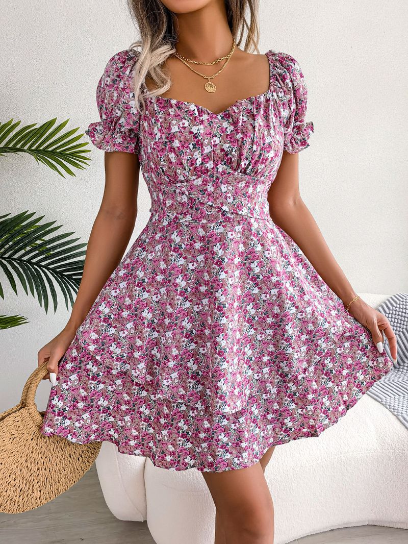 INS-Stil 2022 Frühling/Sommer Temperament fragmentierte Blume Schnürung Taille großes Swing-Kleid für Frauen_voghion.com