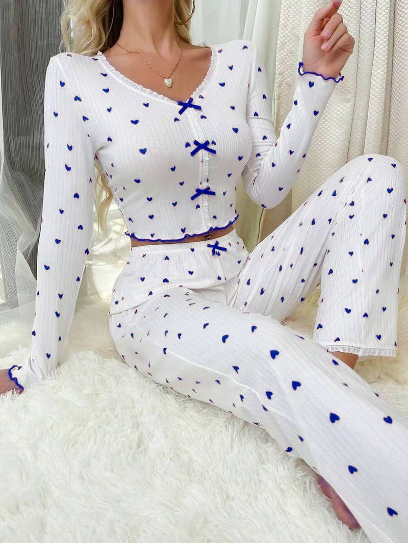 Abbigliamento da donna, pigiama a maniche lunghe con scollo a V e cuore arricciato, da donna, può essere indossato come capospalla, pantaloni lunghi, completo da due pezzi_voghion.com
