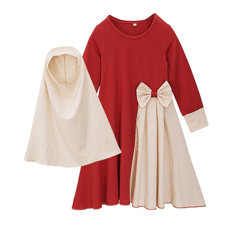Baby Clothing Girls and children long skirt bow dress + cover head two-piece headscarf children's dress ins_voghion.com