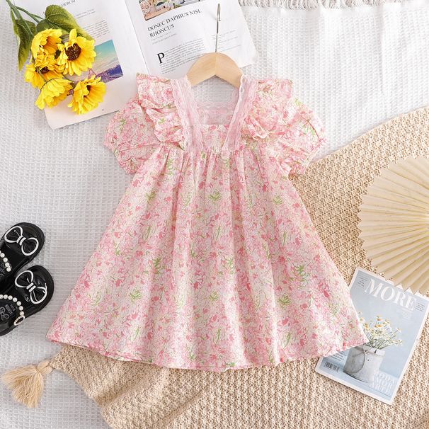 Kinderkleidung Süßes Kleid mit fliegenden Ärmeln und Blumenmuster, Puffärmel, neues Sommerkleid für Mädchen_voghion.com