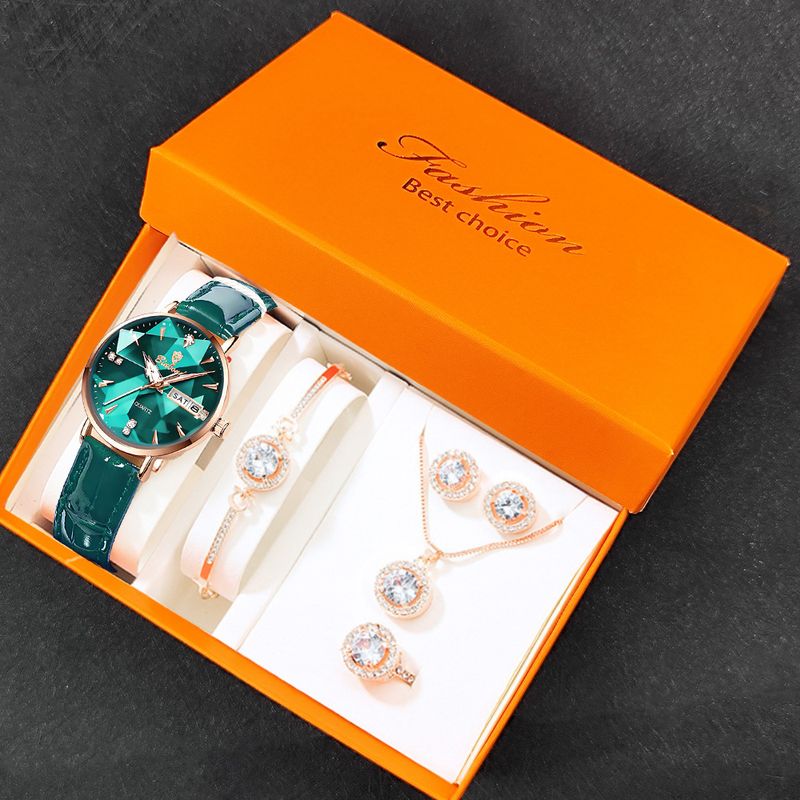 Fashion Double Calendar Ladies Watch Bracelet Set Prism Dial Leather Strap Waterproof Watch_voghion.com