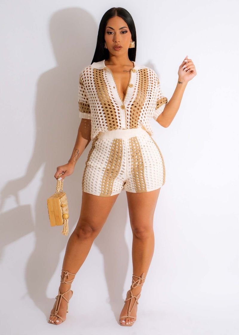Women's Clothes Sexy Ladies Hollow Out See-Through Lapel Knit Shorts Set_voghion.com
