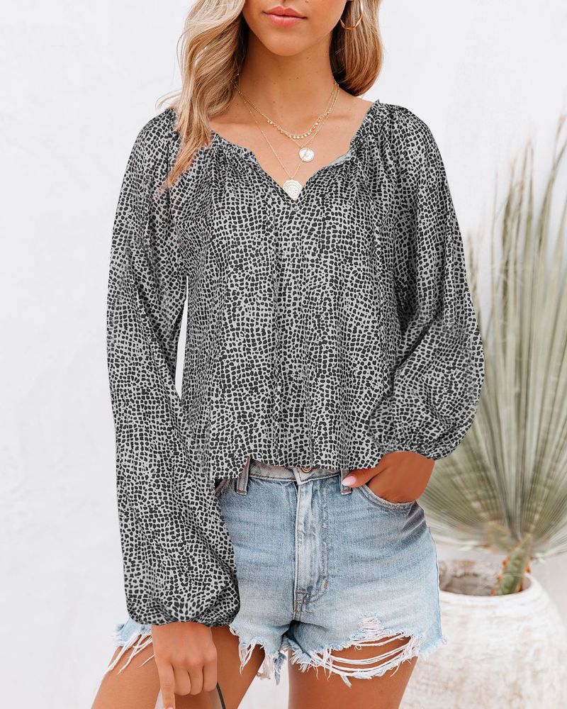 2023 Autumn/Winter New V-Neck Lace up Dotted Long Sleeve Top_voghion.com