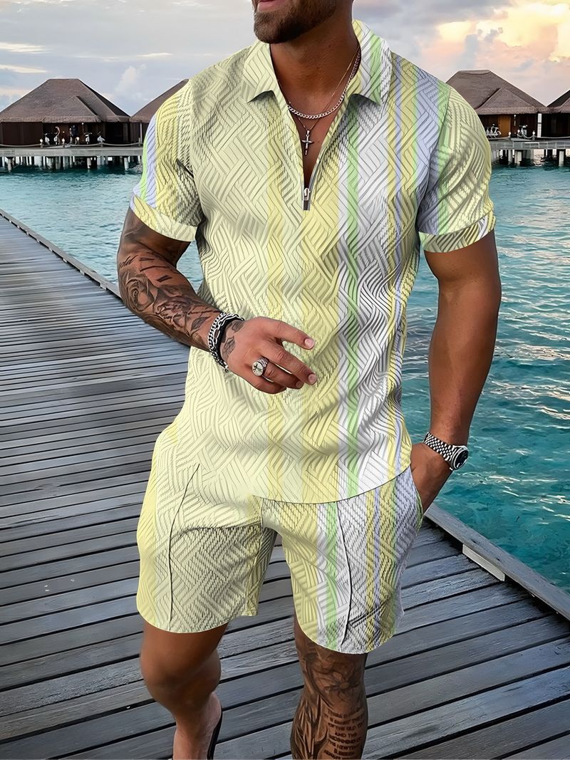 Men's Zipper Decoration Short Sleeve Polo Shirt Suit 3D Printed Polo Shirt Set_voghion.com