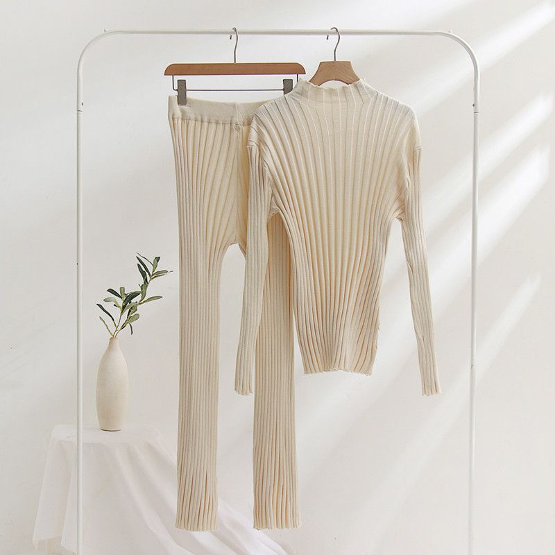 Women's Clothing Hot Long-Sleeved Sweater Suit Knitted Top Trousers Suit_voghion.com