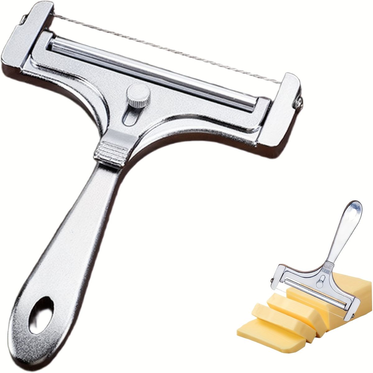 Verstellbarer Käsehobel aus Edelstahl mit leicht verstellbarem Knopf für perfekt dünne oder dicke Scheiben. Robustes Metalldesign._voghion.com