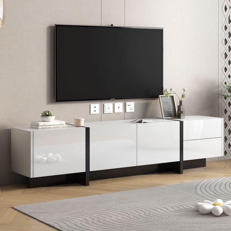 [VIDEO Provided] ON-TREND White &amp; Black Contemporary Rectangle Design TV Stand, Unique Style TV Console Table For TVs Up To 80'', Modern TV Cabi_voghion.com