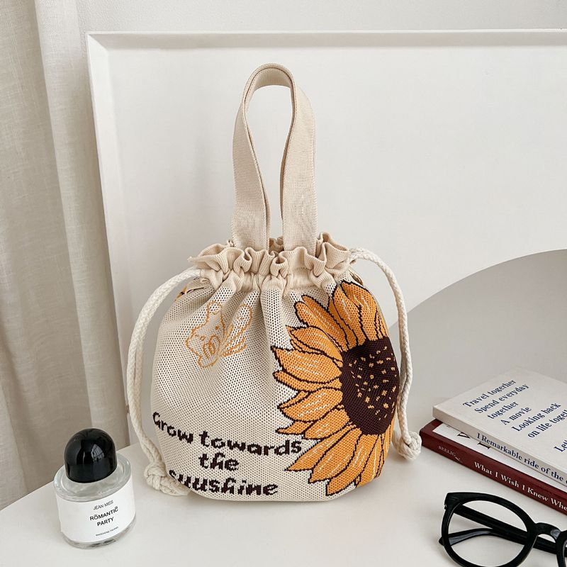 Knitted Bucket For Women With Cartoon Pattern, Cute Handbag, Casual Versatile Drawstring Tote, Underarm Bag, Lunch Bag_voghion.com
