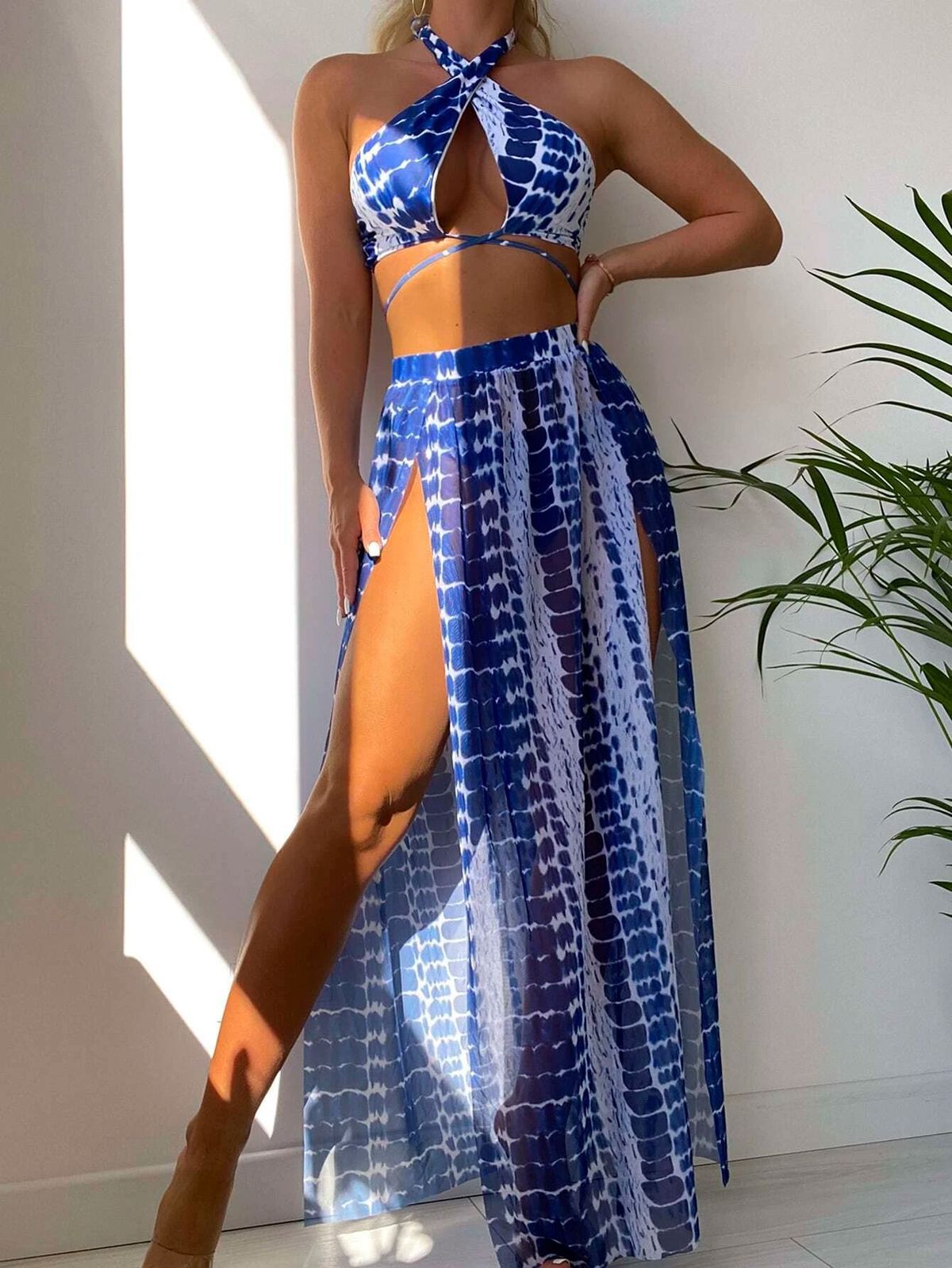 Women's sexy printed split swimsuit female  new slit bikini three-piece set_voghion.com