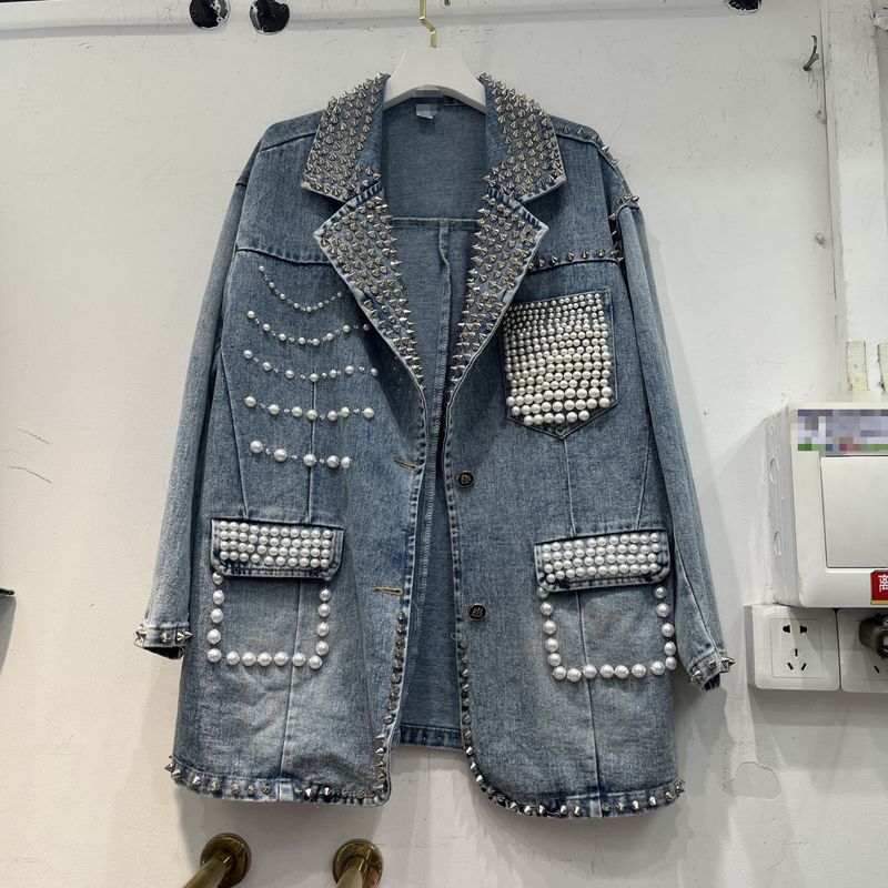 Vêtements pour femmes automne nouvelle veste en jean polyvalente à la mode avec perles de diamant pour femmes_voghion.com