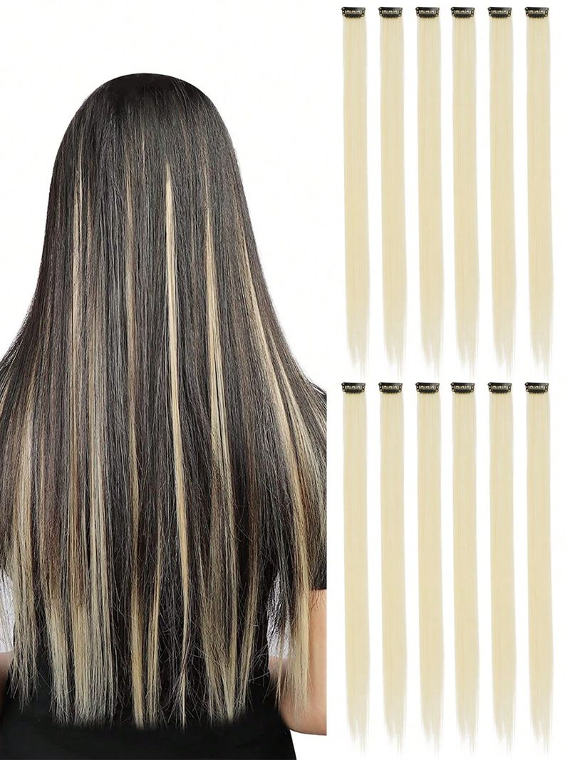 Pack de 12 Extensions Synthétiques Rose Rouge Vert Gris Bleu Jaune Orange Violet Coloré Femmes Et Enfants Cheveux Tissés_voghion.com