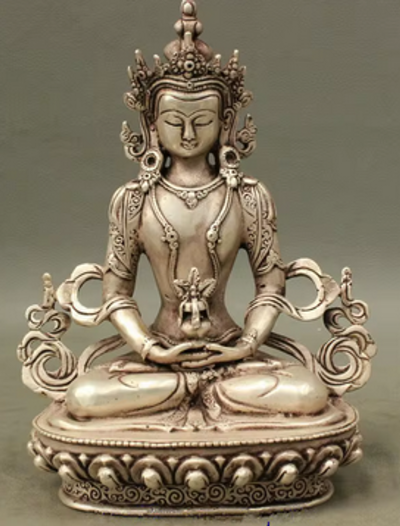 Statuie de argint budistă tibetană Amitayus, zeul longevității, zeița GuanYin a lui Buddha, artizanat din metal_voghion.com