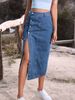 Vrouwen Maxi Pencil Jean Rok Hoge Taille A-Lijn Lange Denim Rokken Ins Button Down Zijsplit Zoom Stretch Blauwe Jean Rok_voghion.com