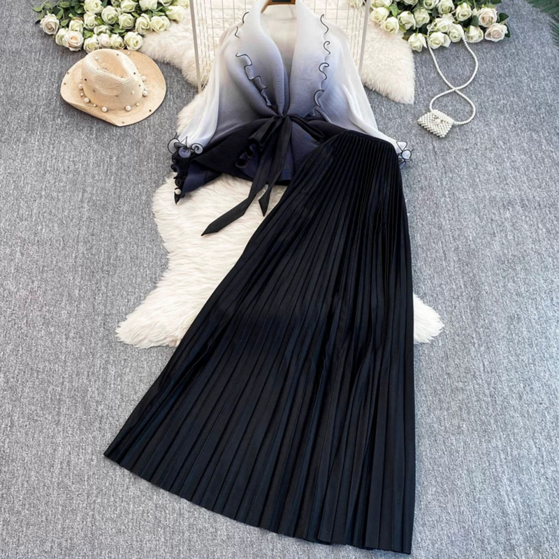 Abbigliamento da donna, set di moda, di alta qualità, con vita a fungo, colore sfumato, set di due pezzi, gonna a pieghe a vita alta_voghion.com