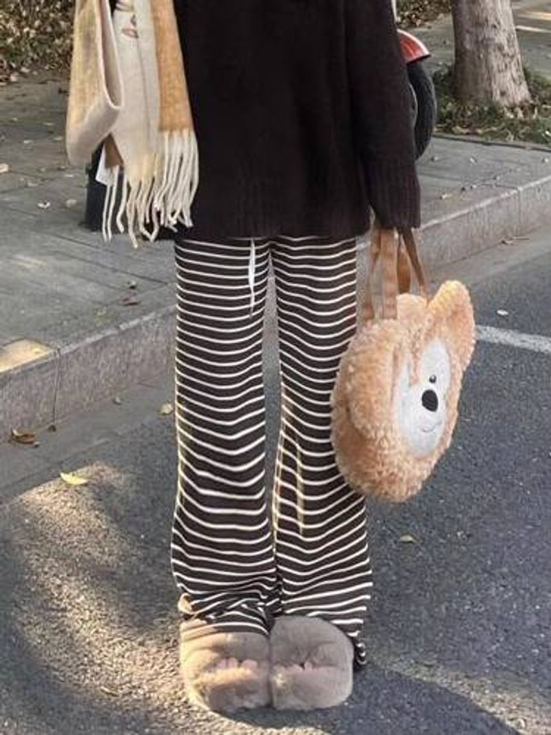 Slouchy Striped Straight Leg Glutinous Rice Pants Women's Large Size Spring Day Loose Slim Wide Leg Pants Apricot Color_voghion.com