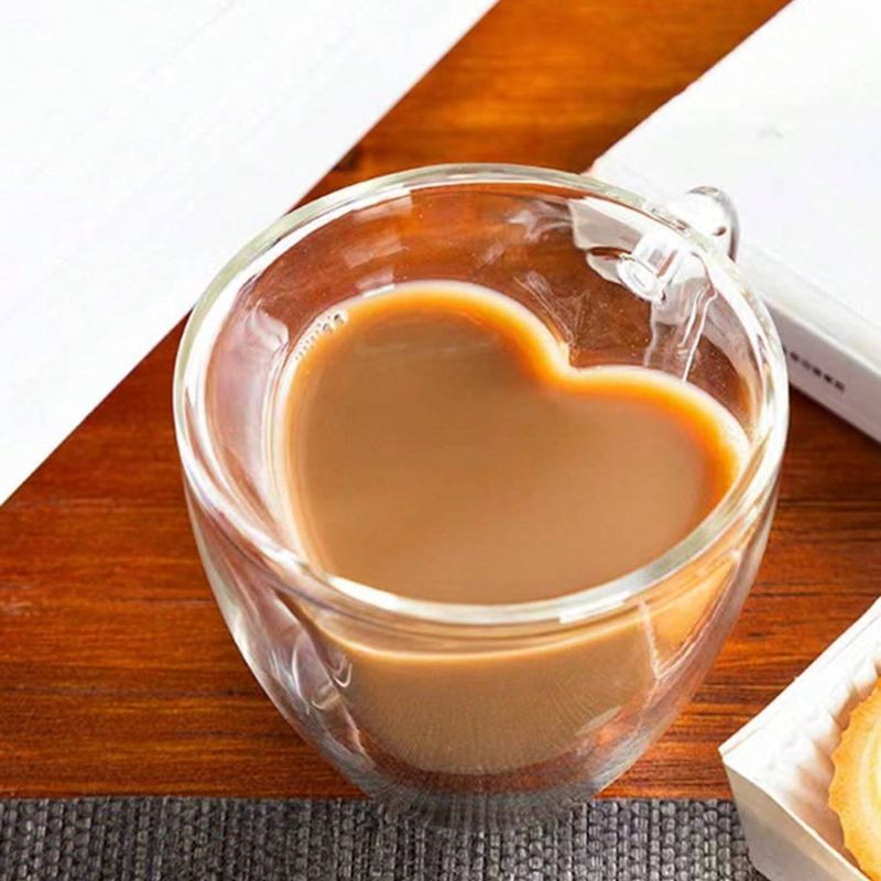 6pcs 80ml Love Heart Shaped Double-wall Insulated Glass Coffee/tea Cups. Heat-insulating Handles. Suitable For Espresso, Cappuccino, Latte And Tea._voghion.com