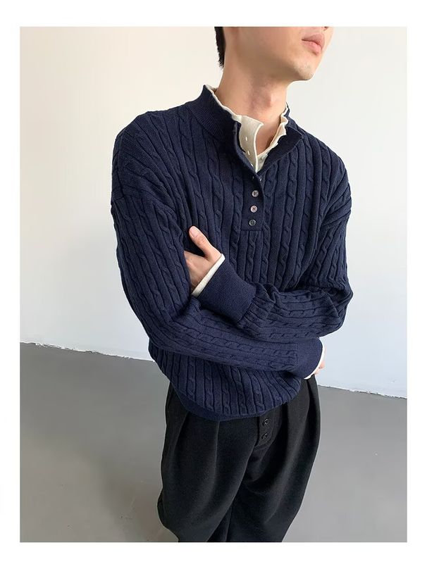 Vêtements pour hommes Automne-Hiver 2025 - Nouveau pull en maille à motif twist style coréen, ample, col rond, boutonné, tendance pour hommes et femmes_voghion.com