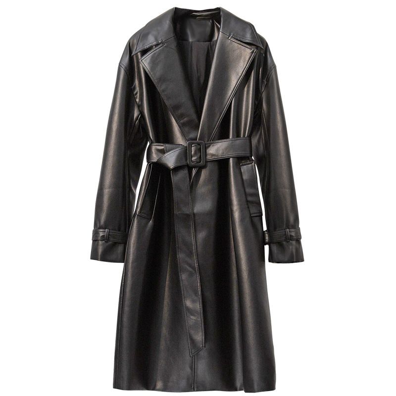 Women's long motorcycle lace-up slim pu leather coat trench coat_voghion.com