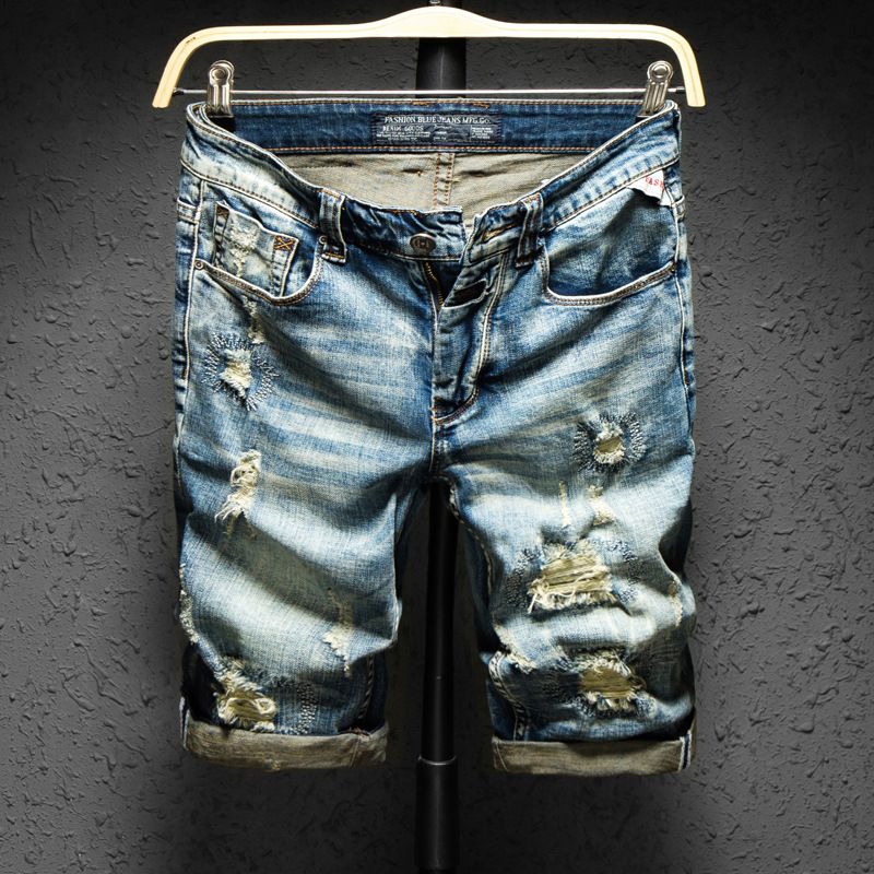 Pantalones cortos de mezclilla para hombre, pantalones rasgados de 5 centavos, mendigos sueltos retro, pantalones de 5 centavos de moda de estilo coreano, pantalones de verano_voghion.com