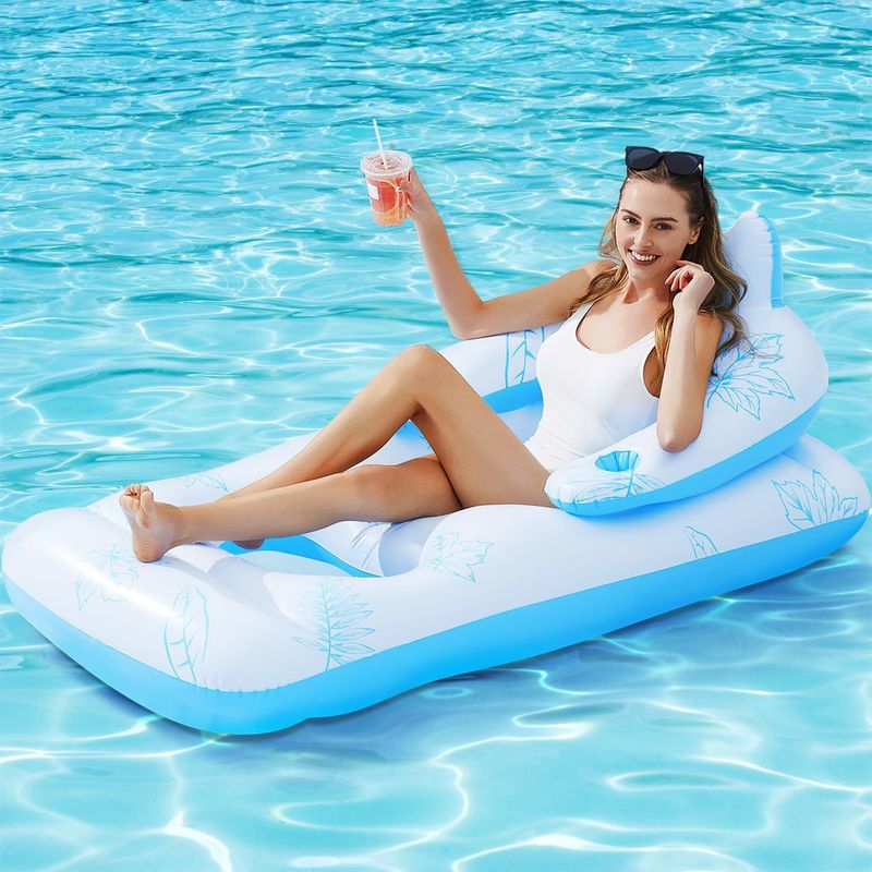 Premium Aufblasbarer Pool-Loungesessel mit Getränkehalter, Kopfstütze, schwimmende Sonnenliege für Erwachsene, verstellbare Rückenlehne, Fußstütze, strapazierfähiges PVC_voghion.com