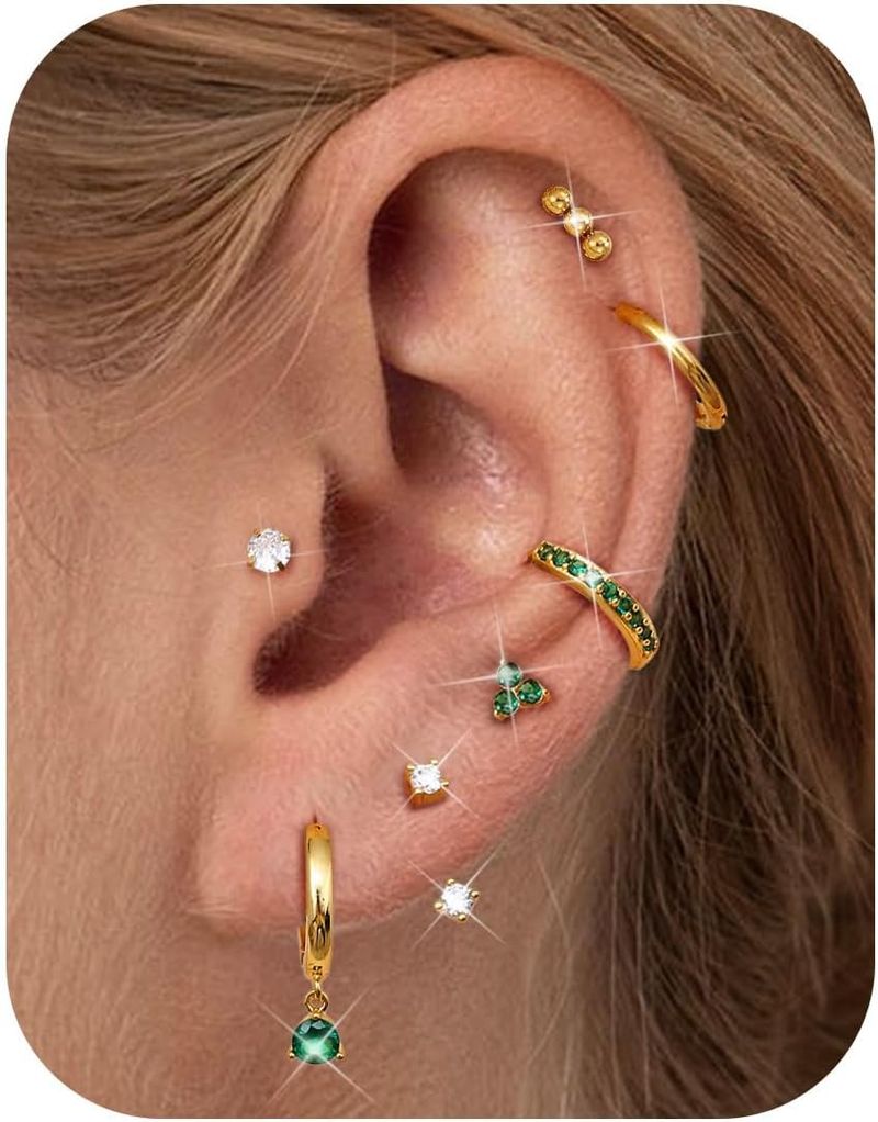 Juego de aretes apilables de oro de 14 quilates, aretes tipo botón de acero inoxidable, delicados aretes tipo aro para cartílago, para múltiples perforaciones._voghion.com