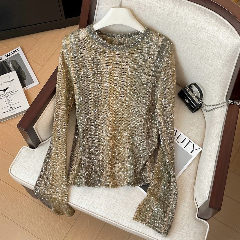 Women’s Clothing Real shot craft style mixed color sequins loose soft waxy sweater women's outer wear slim long sleeve knitted sweater_voghion.com