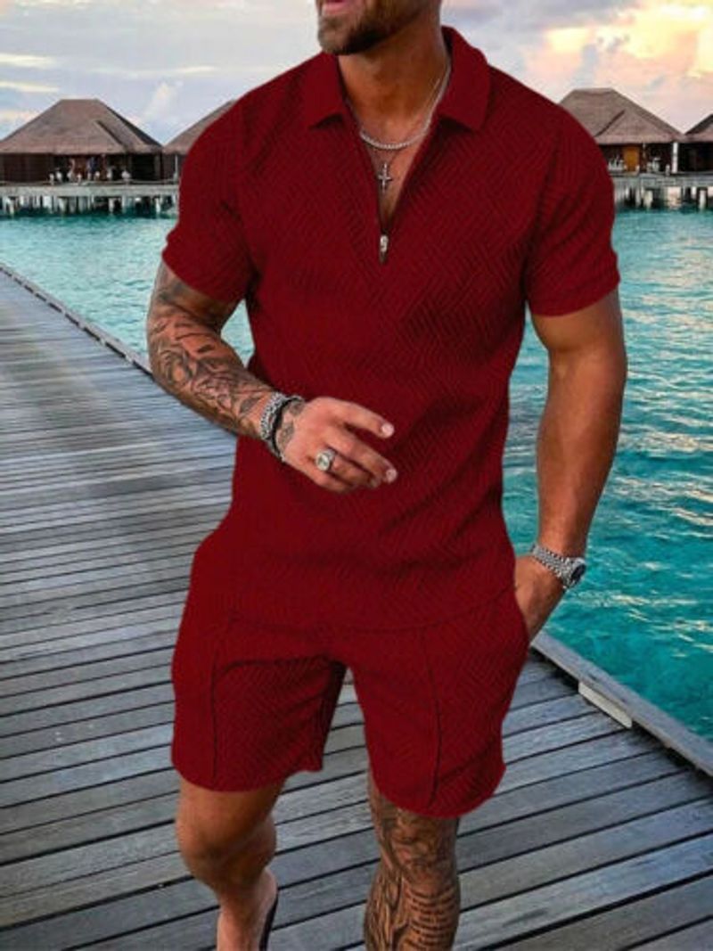 Men's Fashion Casual Suit 3D Printed Zipper Short Sleeve Polo Shirt Shorts 2-Piece Set_voghion.com