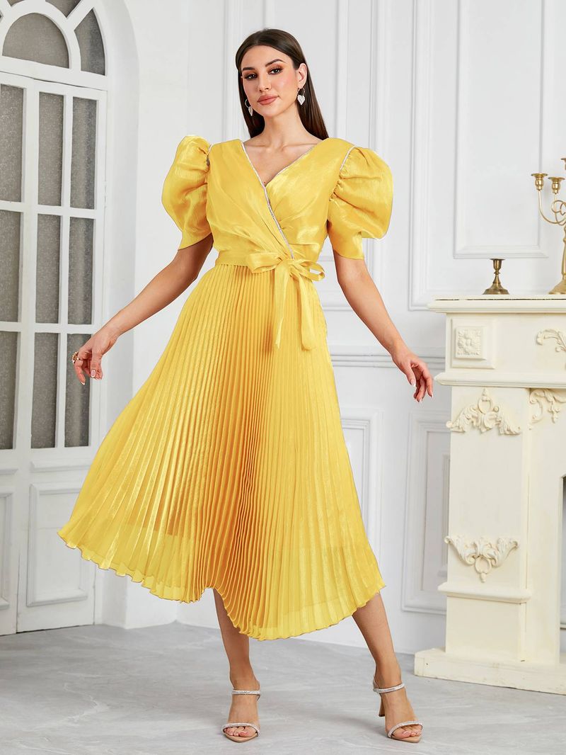 Women's Summer New Crepe V Neck Waist Pleated European And American Dress_voghion.com