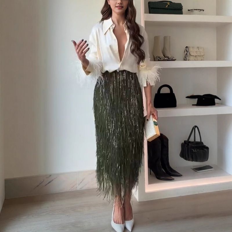 Sequin Fringe Skirt Set – Long Sleeve Party Outfit With Metallic Thread Detailing (4 Colors) | Instagram-Worthy Two-Piece​_voghion.com