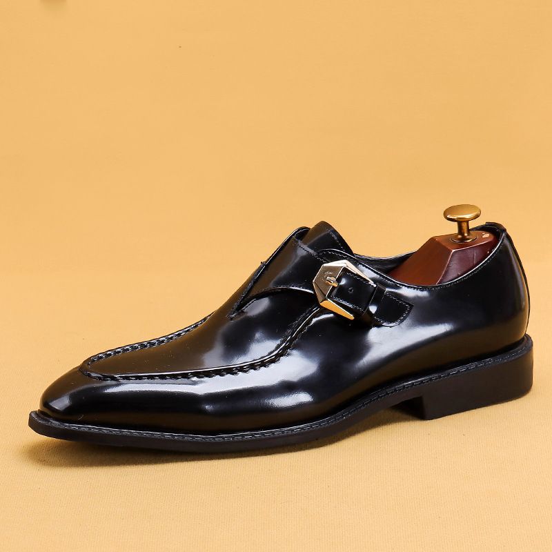 Buty męskie kwadratowe z łbem biznesowym z klamrą angielską Buty Monk męskie skórzane lakierowane z brokatem Buty codzienne_voghion.com