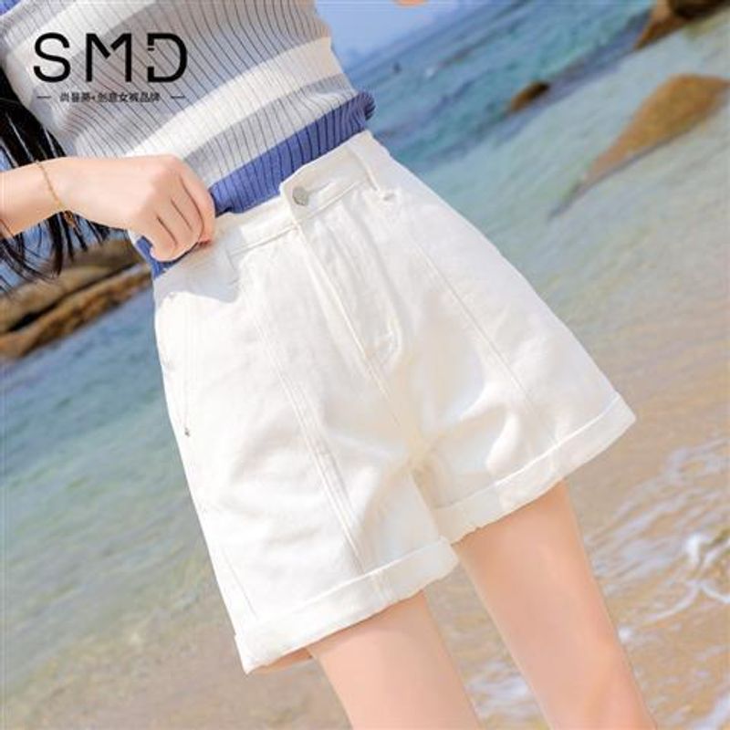 Short en jean blanc pour femme, coupe ample, taille haute, coupe droite, style coréen, amincissant, coupe trapèze, jambes larges, tendance été_voghion.com