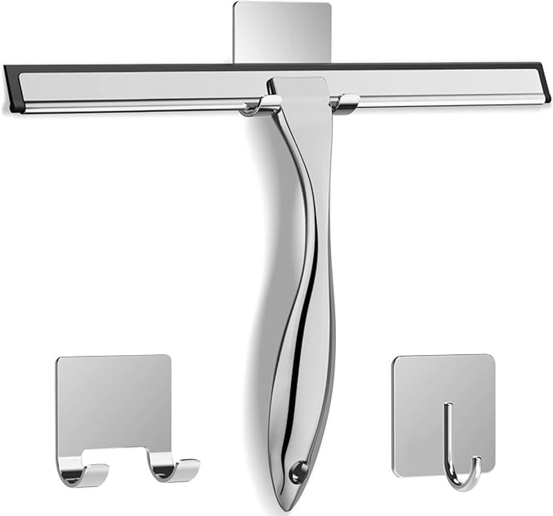 Multipurpose stainless steel shower scraper with 2 sticky hooks_voghion.com